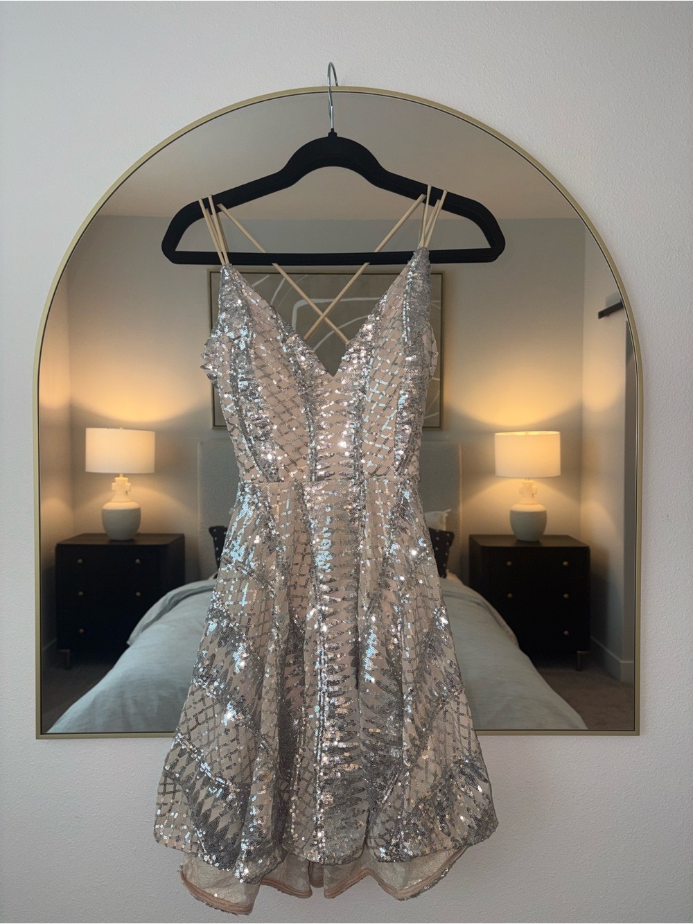 Windsor Silver Sequin V-Neck Crisscross Party Dress